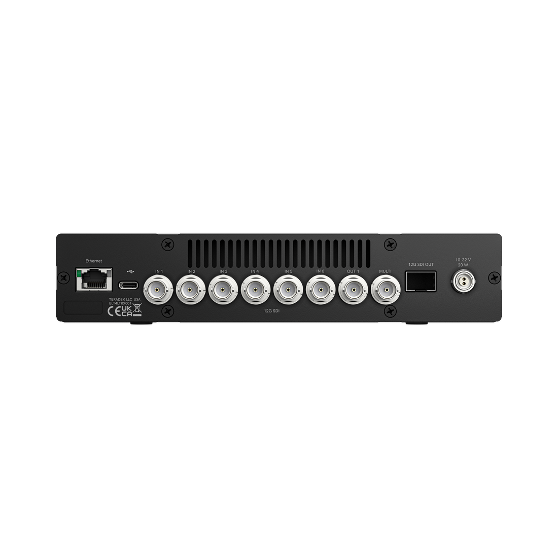 RF-X rear panel showing SDI inputs, 12G-SDI output, power connection, and SFP fiber port for redundant signal routing