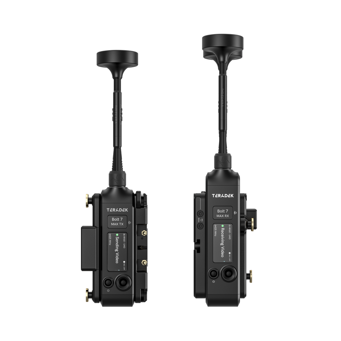 10-2720-G, Bolt 7 MAX 12G-SDI/HDMI Wireless TX/RX Deluxe Set - 2x Gold Mount Battery Cradles - Front View