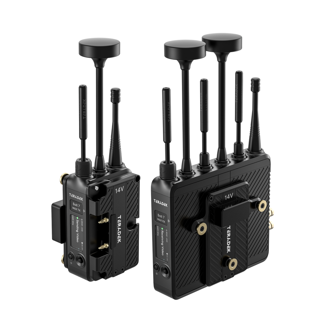 10-2720-G, Bolt 7 MAX 12G-SDI/HDMI Wireless TX/RX Deluxe Set - 2x Gold Mount Battery Cradles - Front View