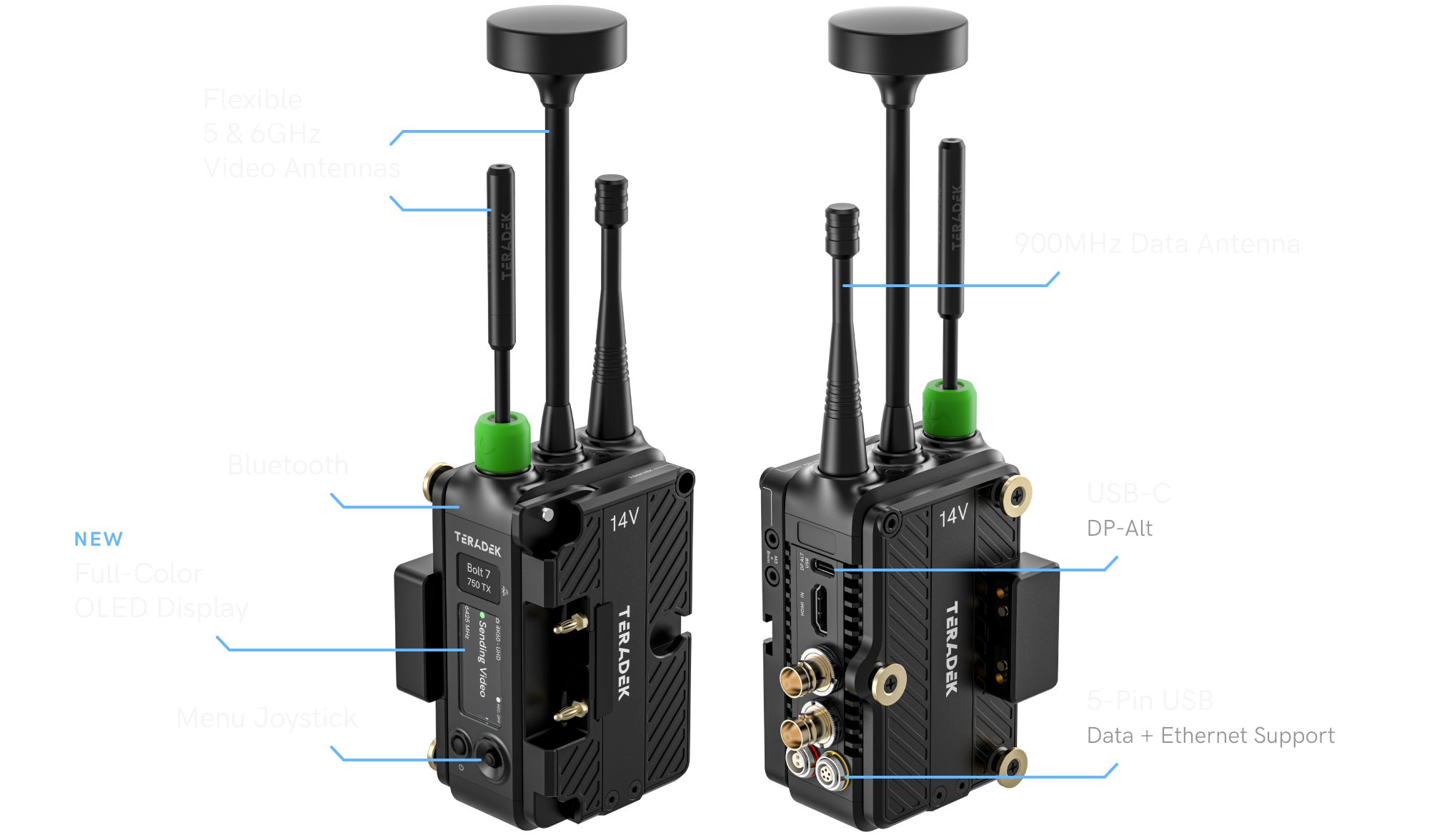 Close-up of Bolt 7 transmitter and receiver showing antenna, OLED display, and port layout
